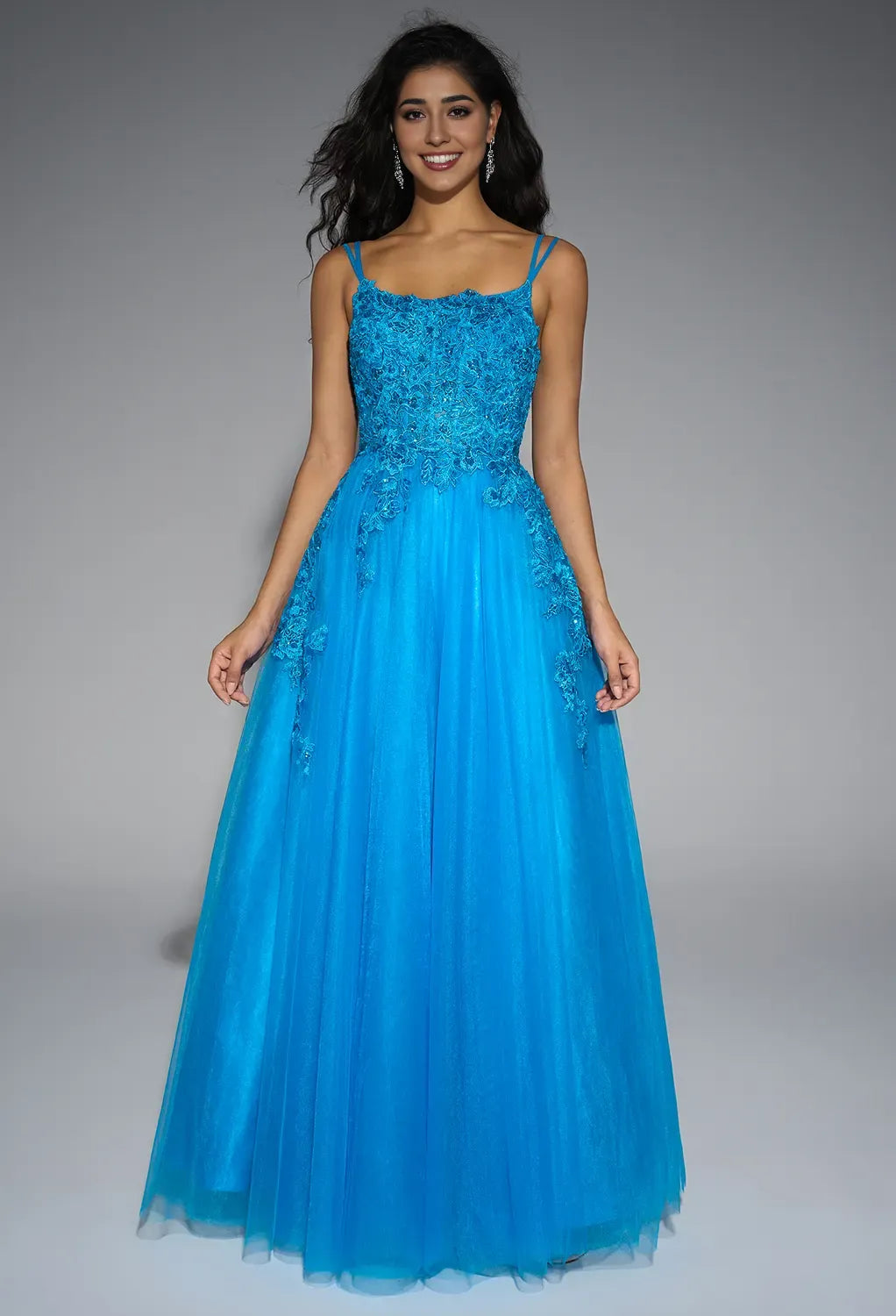 A-line U-Neck Spaghetti Straps Floor Length Prom Dresses Tulle Sleeveless Applique Hot Sale Long Evening Dresses